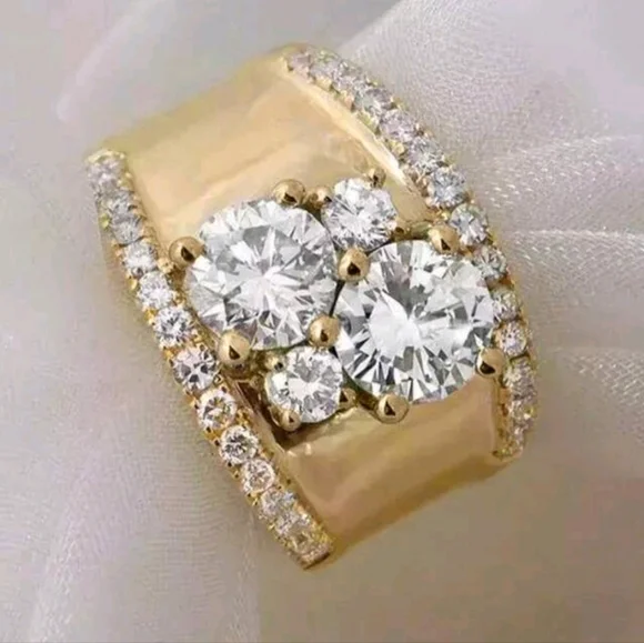 Fashion Round Cubic Zirconia  Wide Ring, Size 7, Gold Tone - Picture 2 of 4